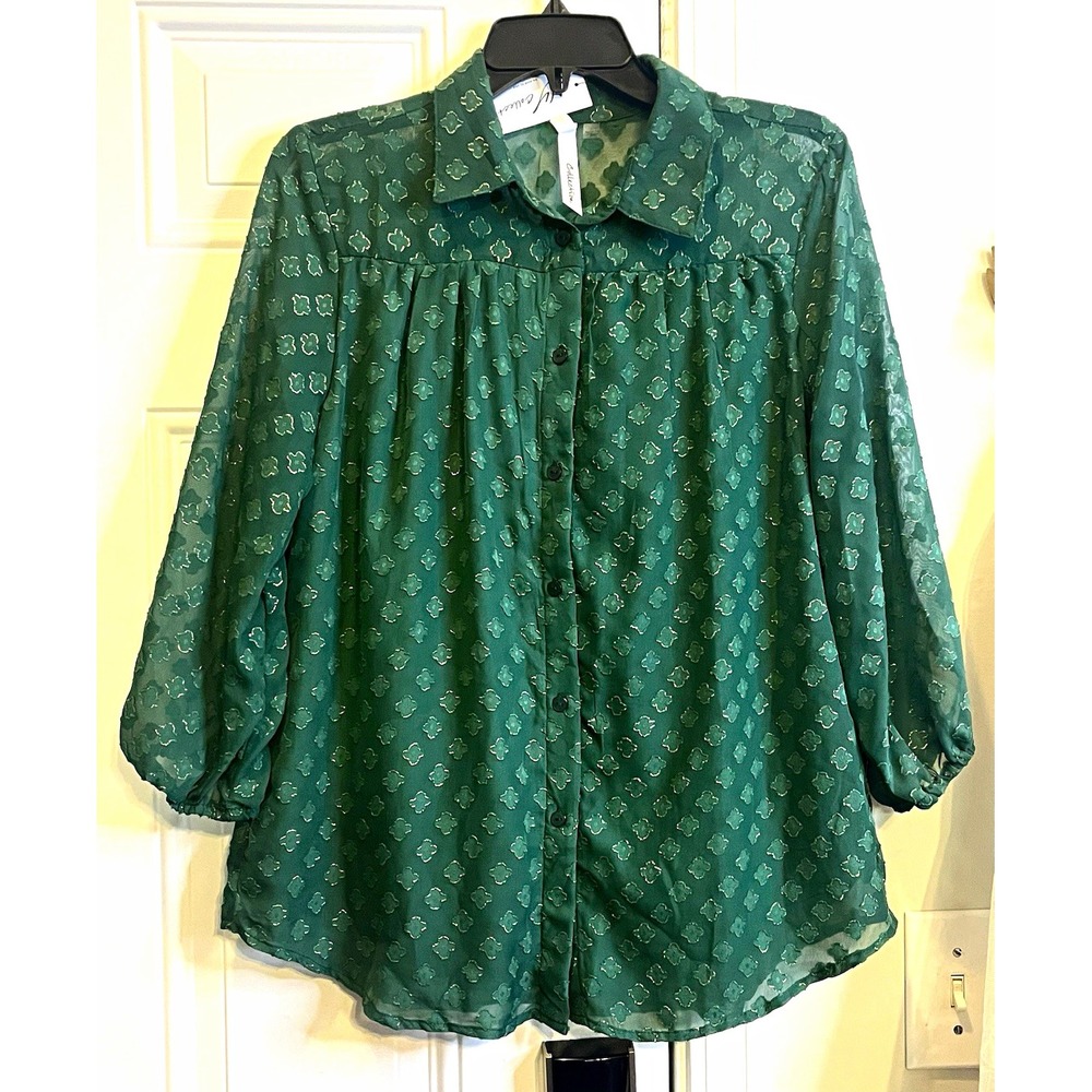 NWT Dark Academia NY Collection Emerald Green Gold Blouse Shirt Sz L Whimsigoth